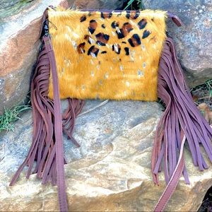 Peekaboo Leopard Cowhide Fringe Messenger Bag